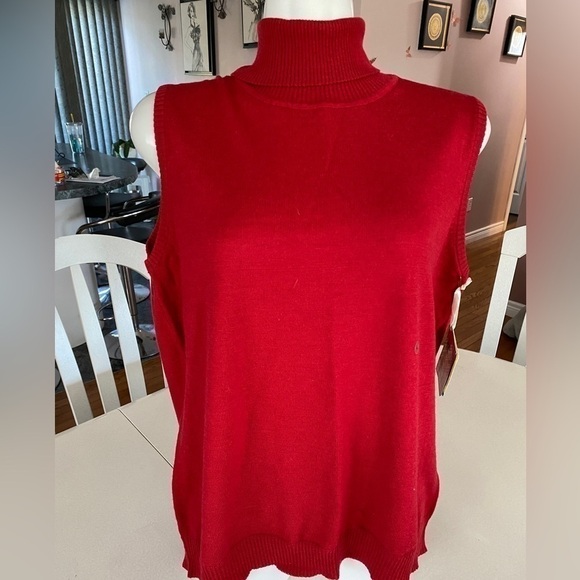 TABI  Red Virgin Wool Mock Neck Top Sleeveless Pullover Sweater Shell Sz L - Picture 3 of 14
